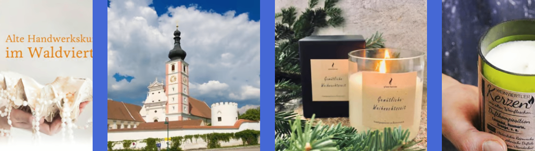 Drei Bilder zeigen eine Kirche, eine Kerze und eine Schachtel. Die Kirche hat einen Turm mit einer Uhr. Die Kerze steht in einem Glashalter mit Grünpflanzen. Die Schachtel hat ein Etikett und ein Band.
