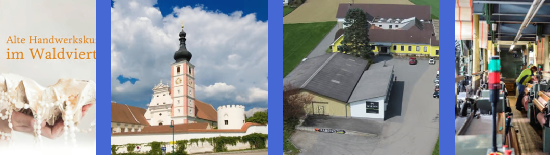Eine Collage aus zwei Bildern eines Gebäudes mit Turm und Uhr und einem großen Gebäude mit Parkplatz.