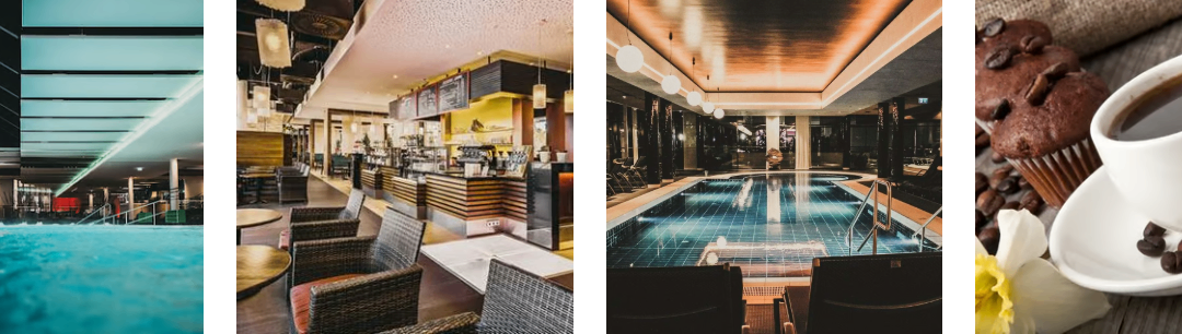 Drei Bilder eines modernen Hotels. Erstens, eine Lobby mit einer Holzbar und Sitzbereich. Zweitens, ein Innenpool mit Handlauf und Liegestühlen. Drittens, ein dekoratives Element eines Kaffeebohnen.