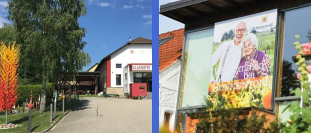 Zwei Bilder: eines von einem Gebäude mit einer roten Tür, die mit 'GLASHUETTE' beschriftet ist, und ein anderes von einer Werbetafel mit einem lächelnden älteren Paar.