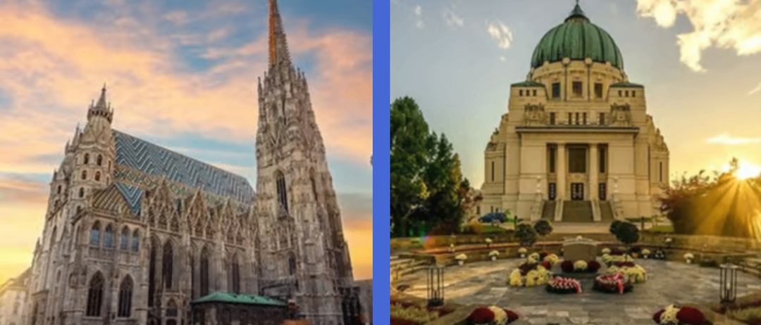 Ein gotischer Dom mit einem hohen Turm und kunstvollen Schnitzereien, vor einem untergehenden Himmel.