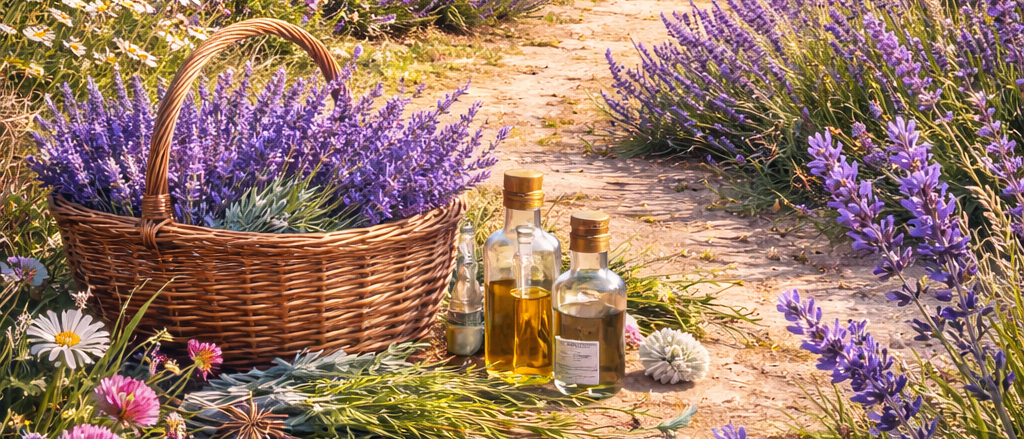 Ein malerisches Bild mit einem Lavendelfeld, das zu einer Barockkirche mit grünen Kuppeln führt. Ein Korb voller Lavendelblüten und Ölflaschen liegen auf dem Boden.