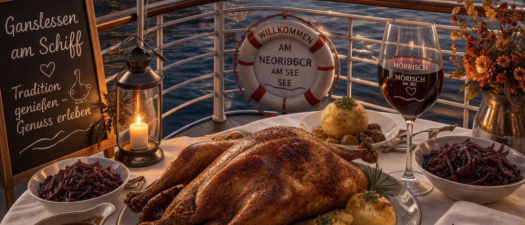 Eine malerische Ansicht eines Restaurant am Wasser mit einem großen weißen Boot, einer Flagge und einer Speisekarte auf einem Tisch mit Essen, Wein und Dekorationen.