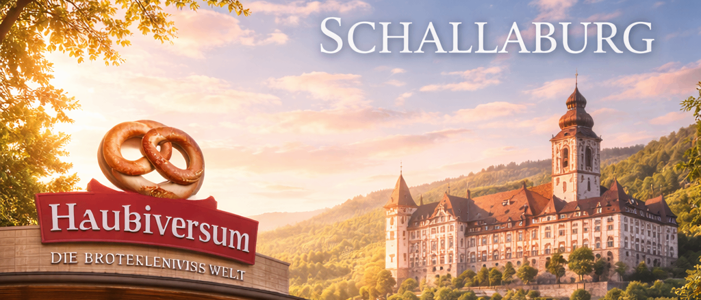 Eine Frühstücksszene im Haubiversum-Bäckerei mit Blick auf ein Schloss. Ein Tisch mit Brot, Kaffee und Orangensaft. Blumen und Sonnenblumen zieren den Vordergrund.