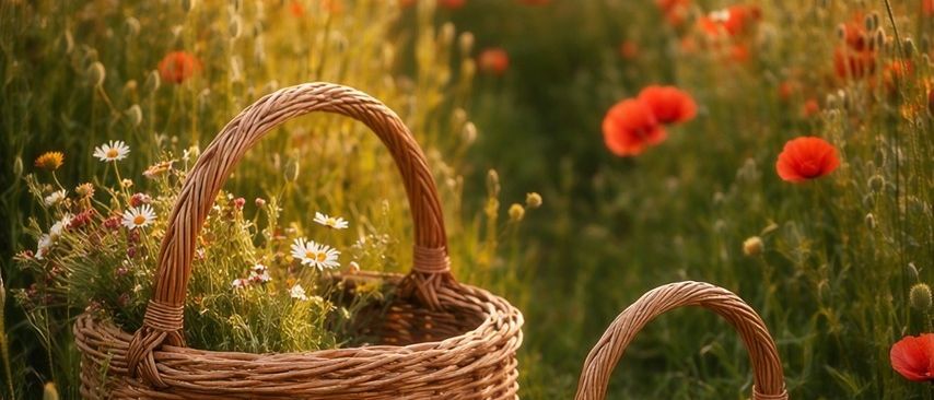 Zwei geflochtene Körbe voller Wildblumen stehen auf einem Feld mit roten Mohnblumen. Ein Korb ist größer und enthält mehr Blumen, der andere ist kleiner und steht neben ihm.