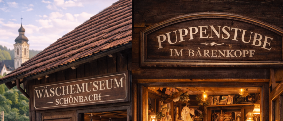 Ein Puppenhausladen mit dem Schild 'Wäschemuseum Schönbach'. Im Inneren befinden sich Puppen und Plüschtiere. Draußen ist Wäsche auf einer Wäscheleine.
