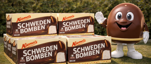 A fire truck on a runway with a plane in the background. Below, boxes of Swedish candies with a mascot are displayed.