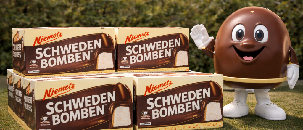 Ein Feuerwehrwagen auf einer Startbahn mit einem Flugzeug im Hintergrund. Unten sind Schachteln mit schwedischen Süßigkeiten und einer Werbefigur zu sehen.