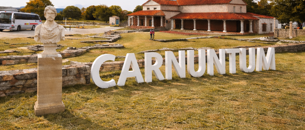 Zwei verschmolzene Bilder: ein Feuerwehrwagen mit der Aufschrift 'Flughafen Wien Feuerwehr' und eine historische Stätte in Carnuntum mit einer Statue.