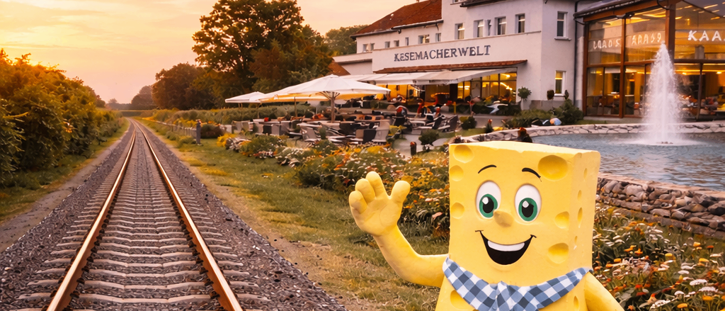 Eine lächelnde Käse-Mascotte steht auf einer Eisenbahnschiene mit einem Gebäude und einem Springbrunnen im Hintergrund, während die Sonne untergeht.