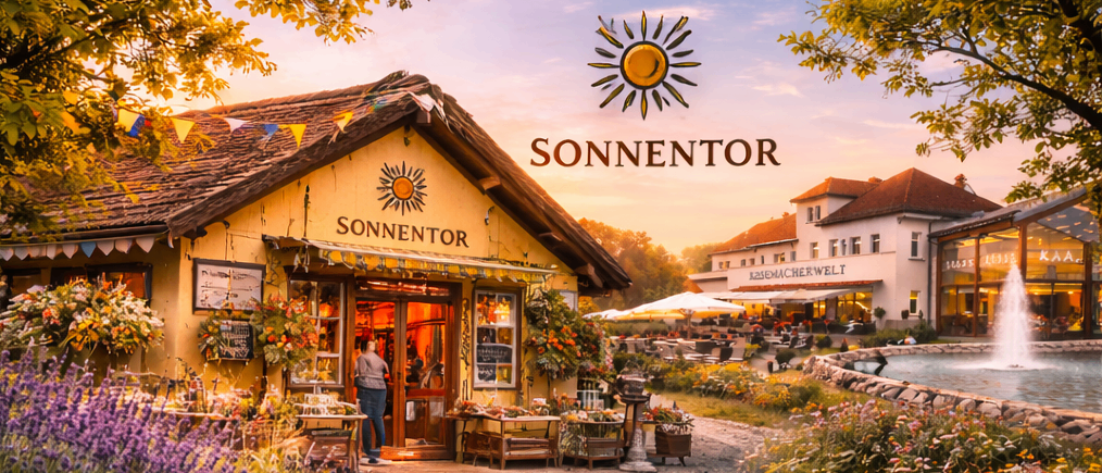 Ein Zug auf den Gleisen mit dem Schild Wackelsteinexpress davor. Eine gelbe Figur winkt. Ein gelbes Haus mit Blumen.