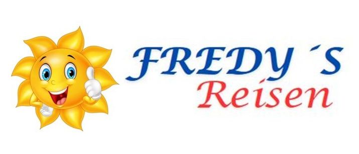 Eine fröhliche Sonne mit Daumen hoch neben dem Text 'FREDYs Reisen' in Blau und Rot.