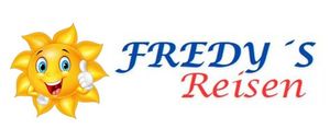 Eine fröhliche Sonne mit Daumen hoch neben dem Text 'FREDYs Reisen' in Blau und Rot.