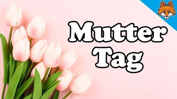 Ein Strauß rosa Tulpen auf einem rosa Hintergrund mit den Worten 'Mutter Tag' in Weiß. Im oberen rechten Eck befindet sich ein Fuchsgesicht.