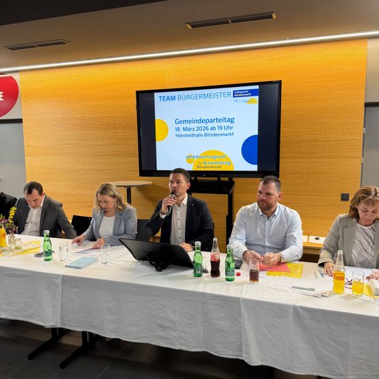 Eine Gruppe von Menschen sitzt um einen Tisch in einem Besprechungsraum. Ein Mann spricht in ein Mikrofon. Ein Bildschirm zeigt den Titel einer Gemeinschaftsveranstaltung.