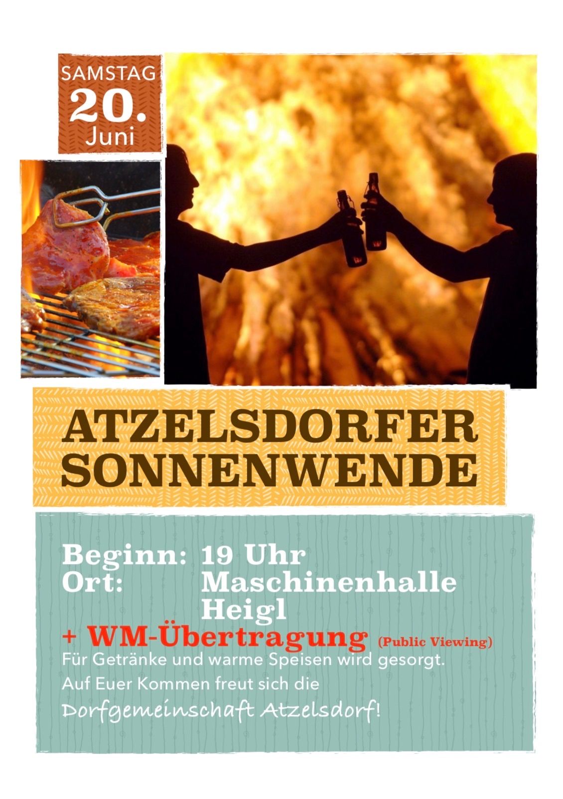 A poster shows a barbecue with meat and two people clinking bottles. Text reads 'Atzlesdorfer Sonnenwende,' starting at 7 PM, location: Maschinenhalle. Drinks and warm food are provided.