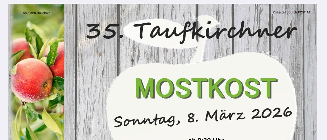 Ein Flyer mit einem hölzernen Hintergrund und Apfelbildern. Der Flyer ist für eine Veranstaltung am 8. März 2020 um 9:30 Uhr in Taufkirchen. Es gibt warme Gerichte, frisches Gebäck und Apfelwein. Eine Apfelwein-Verkostung ist für den 6. März 2026 geplant.