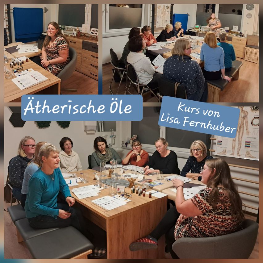 Eine Collage aus vier Bildern zeigt Menschen in einem Raum, die verschiedene Aktivitäten ausführen. In einer Ecke sitzt eine Frau an einem Schreibtisch mit Papieren. Ein anderes Bild zeigt eine Gruppe von Frauen, die um einen Tisch mit Materialien sitzen. Es gibt auch Texte in den Bildern, die 'Aetherische Ole' und 'Kurs von Lisa Fernhuber' lauten.