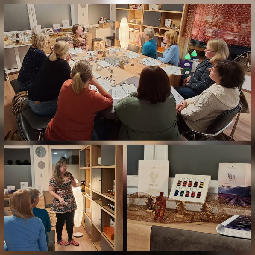 Eine Gruppe von Frauen sitzt um einen Tisch mit verschiedenen Gegenständen, wahrscheinlich in einem Workshop. Eine Frau steht neben einem Regal mit Flaschen und Büchern. Ein anderes Bild zeigt Regale mit Flaschen, einem Buch und einem Tisch mit einer Flasche.