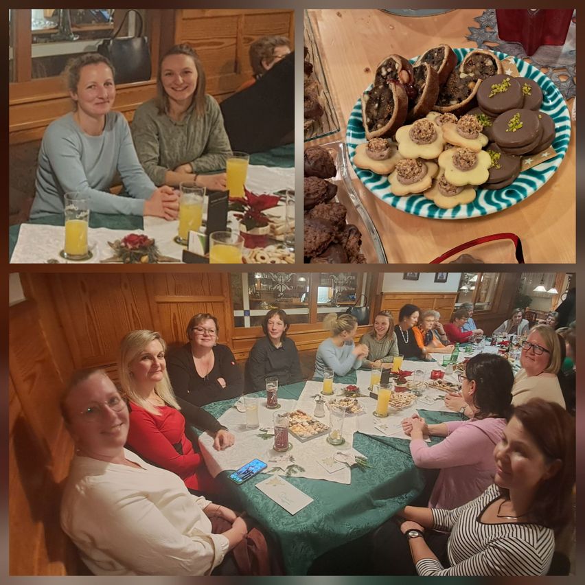 Eine Gruppe von Frauen genießt eine Mahlzeit an einem Tisch mit verschiedenen Speisen und Getränken. Ein weiteres Bild zeigt einen Teller mit Keksen.