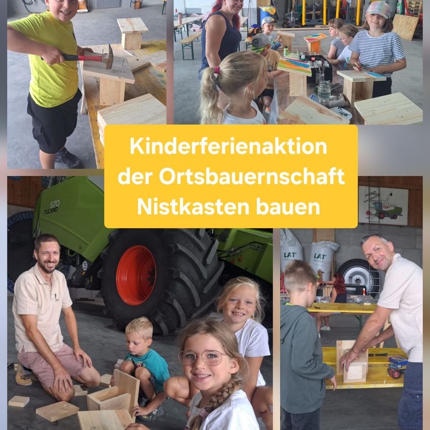 Eine Collage von Bildern, die Kinder und Erwachsene bei der gemeinsamen Arbeit an Holzprojekten zeigt, mit einem Traktor im Hintergrund. Der Textüberlagerung lautet 'Kinderferienaktion der Ortsbauernschaft Nistkasten bauen'.