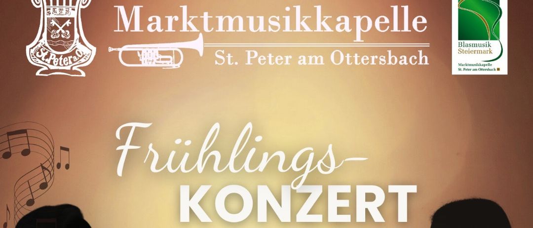 Plakat für Frühlingskonzert mit Musikersilhouetten. Datum: 28. März 2026, Zeit: 19:30. Einlass: 19:00, freiwillige Spende. Gastauftritt der Musikschule Mureck.