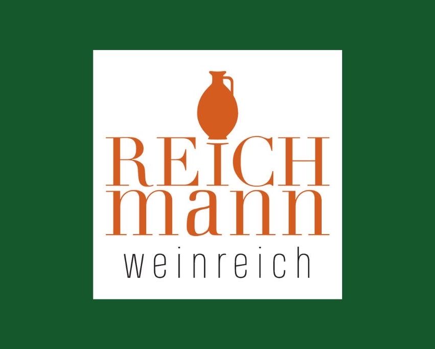 The logo for Reichmann Weinreich features a large orange amphora on a white background with green borders. The text is bold and centered, with the brand name in uppercase letters.