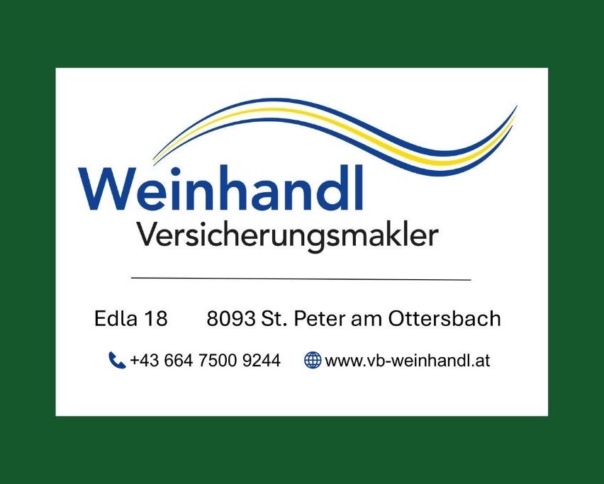 Business card for Weinhandl Versicherungsmakler. Address is Edla 18, 8093 St. Peter am Ottersbach. Phone number is +43 664 7500 9244 and website is www.vb-weinhandl.at.