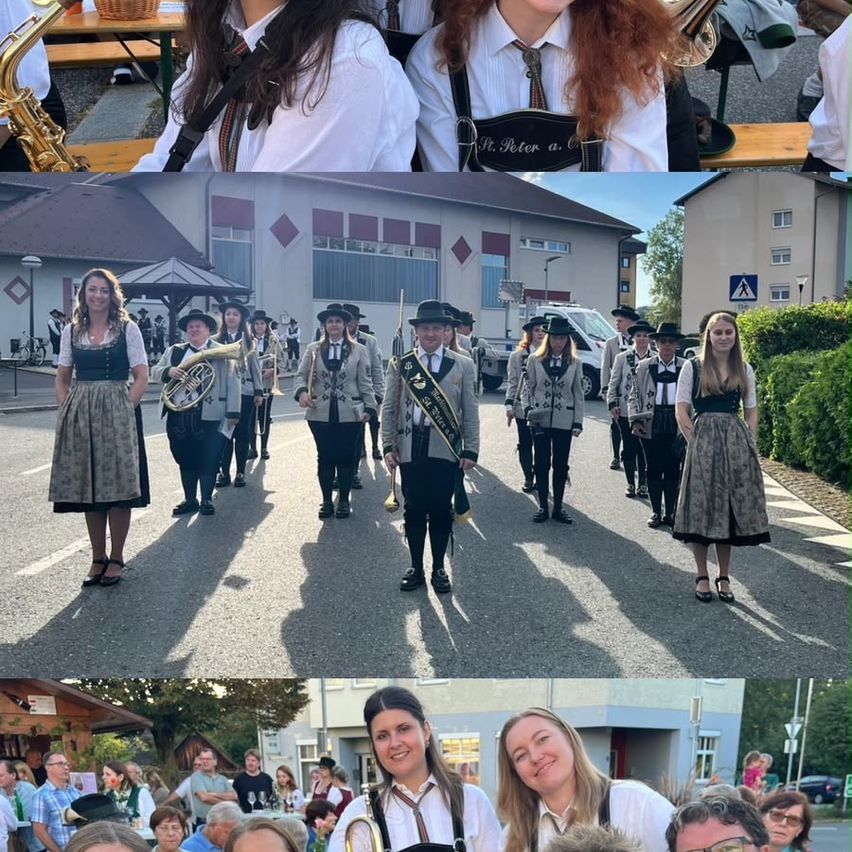 A collage of images showing a group of people in traditional attire marching in a parade, playing musical instruments, and posing for photos.