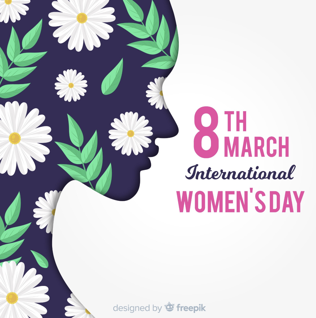 Plakat zum Internationalen Frauentag am 8. März mit einer Silhouette einer Frau, geschmückt mit weißen Gänseblümchen und grünen Blättern. Das Design ist von Freepik.
