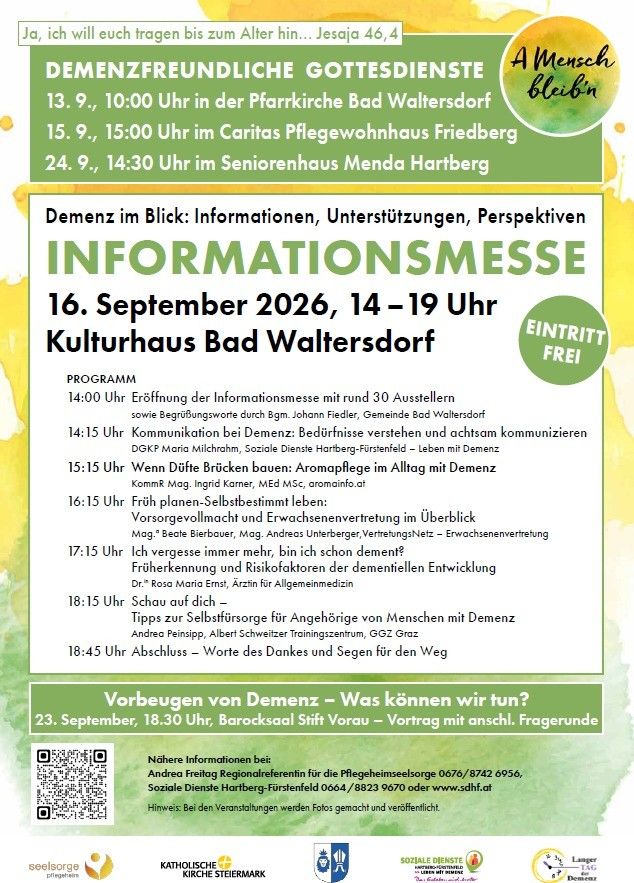 Plakat für eine demenzfreundliche Veranstaltung mit Zeitplan für Aktivitäten und Orte. Die Veranstaltung ist kostenlos und umfasst Vorträge, Workshops und Diskussionen zu Demenzversorgung und Unterstützung.