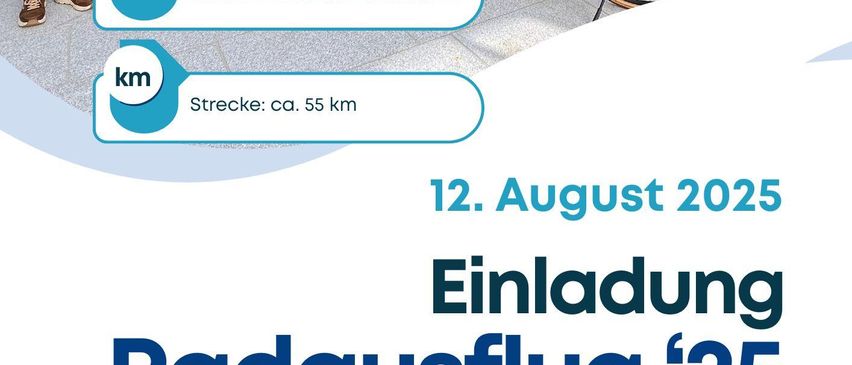 Plakat für eine Fahrradveranstaltung am 12. August 2025. Es zeigt eine Gruppe von Menschen mit Fahrrädern, Abfahrtszeit, Entfernung und Zielort.