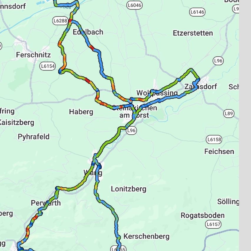 Eine Karte mit einer Route von Ferschniitz nach Pyhrafeld über Habberg und Loniitzberg. Wichtige Orte sind Ettzerstetten, Zasddorf und Solling.