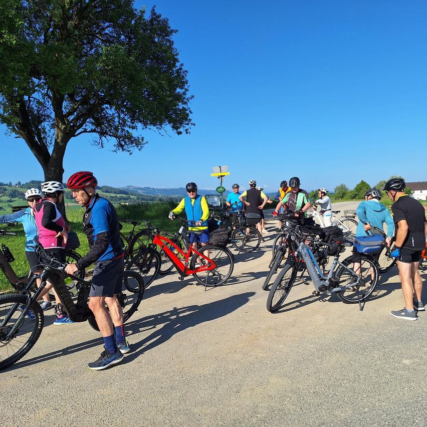 Eine Gruppe von Radfahrern versammelt sich auf einer ländlichen Straße, mit Helmen und Radbekleidung. Die Fahrräder sind in einer Reihe geparkt, mit Bäumen und einem klaren blauen Himmel im Hintergrund.