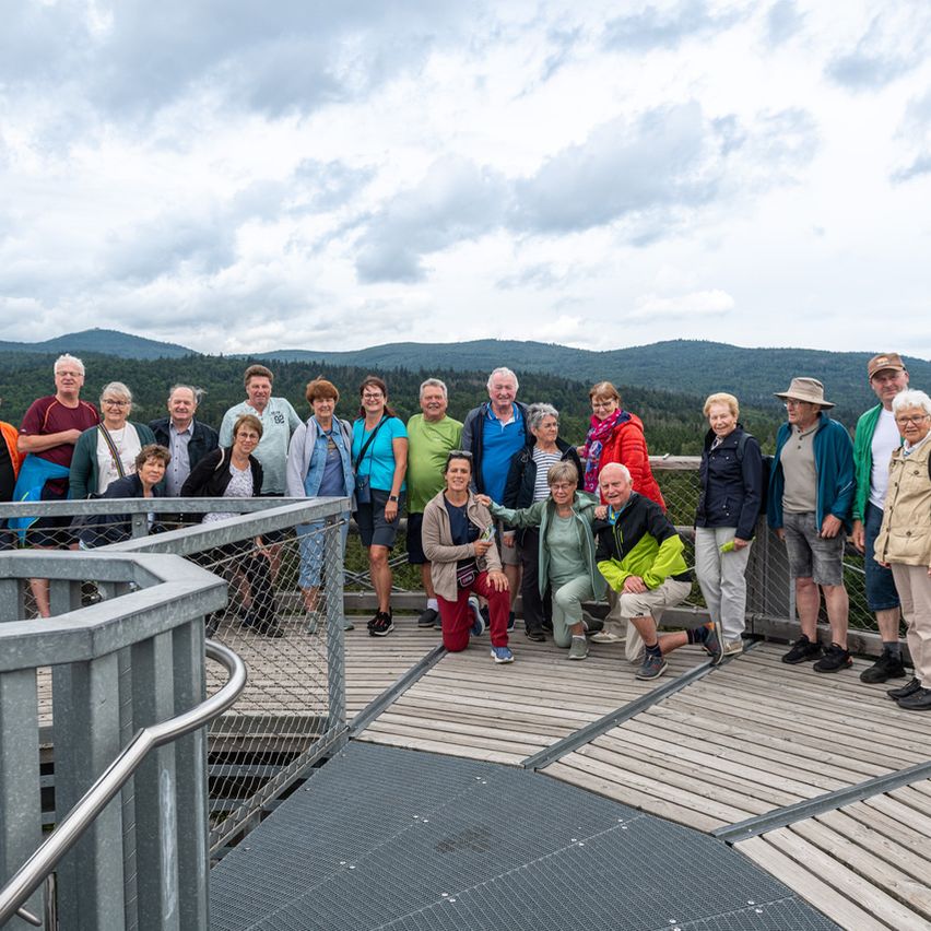 Eine Gruppe von Menschen in verschiedenen Outfits steht auf einer hölzernen Plattform mit Geländer und blickt auf eine Berglandschaft unter einem bewölkten Himmel.