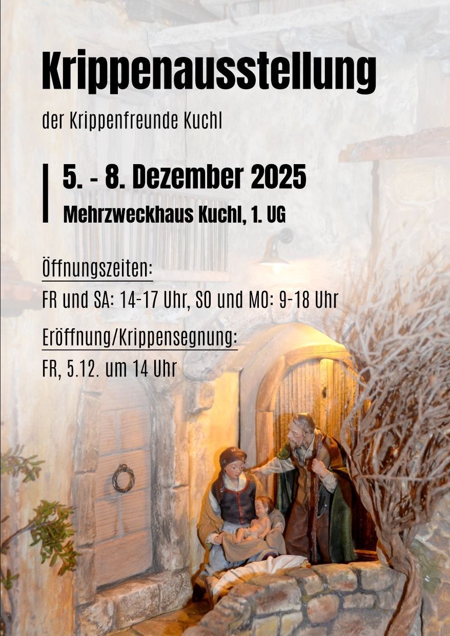 Die Veranstaltung der Krippenfreunde Kuchl findet vom 5. bis 8. Dezember 2025 statt. Die Öffnungszeiten sind Freitag und Samstag von 14 bis 17 Uhr, Sonntag und Montag von 9 bis 18 Uhr. Die Eröffnung/Krippensegnung erfolgt am Freitag, 5.12. um 14 Uhr.