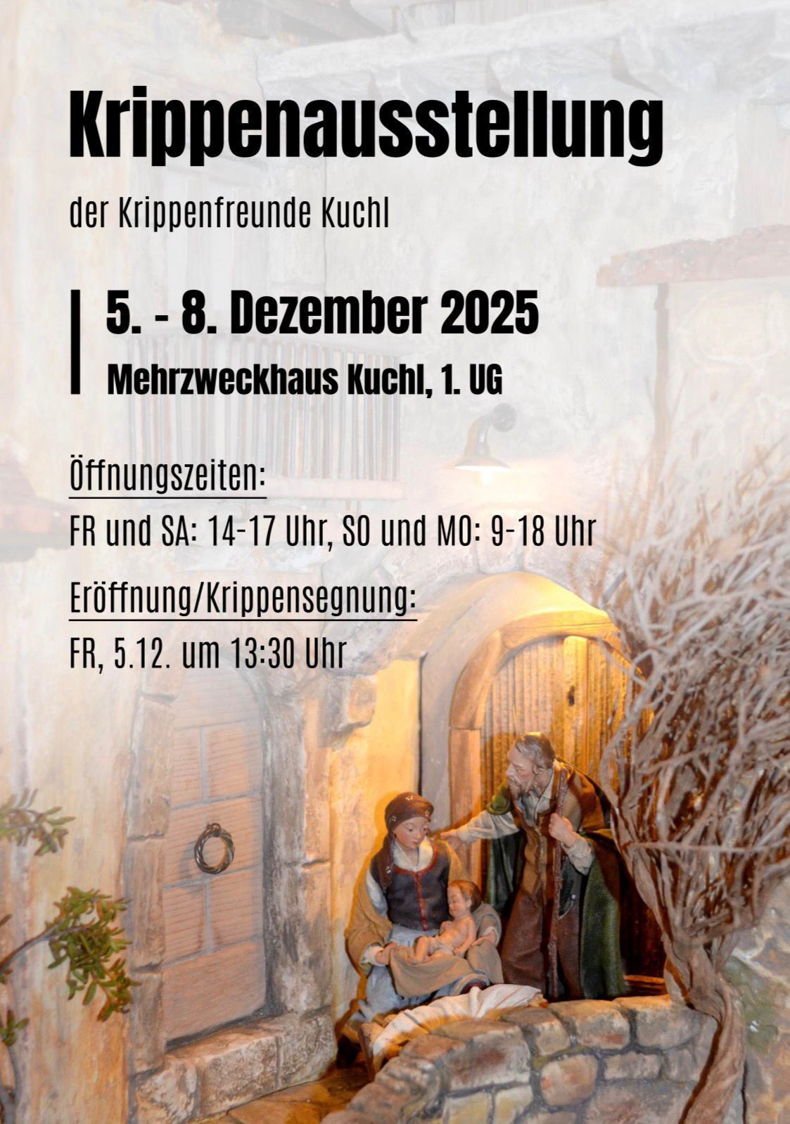 Ein Poster für Krippenfreunde Kuchl mit einer Darstellung der Krippe und Angaben zu Öffnungs- und Schließzeiten.