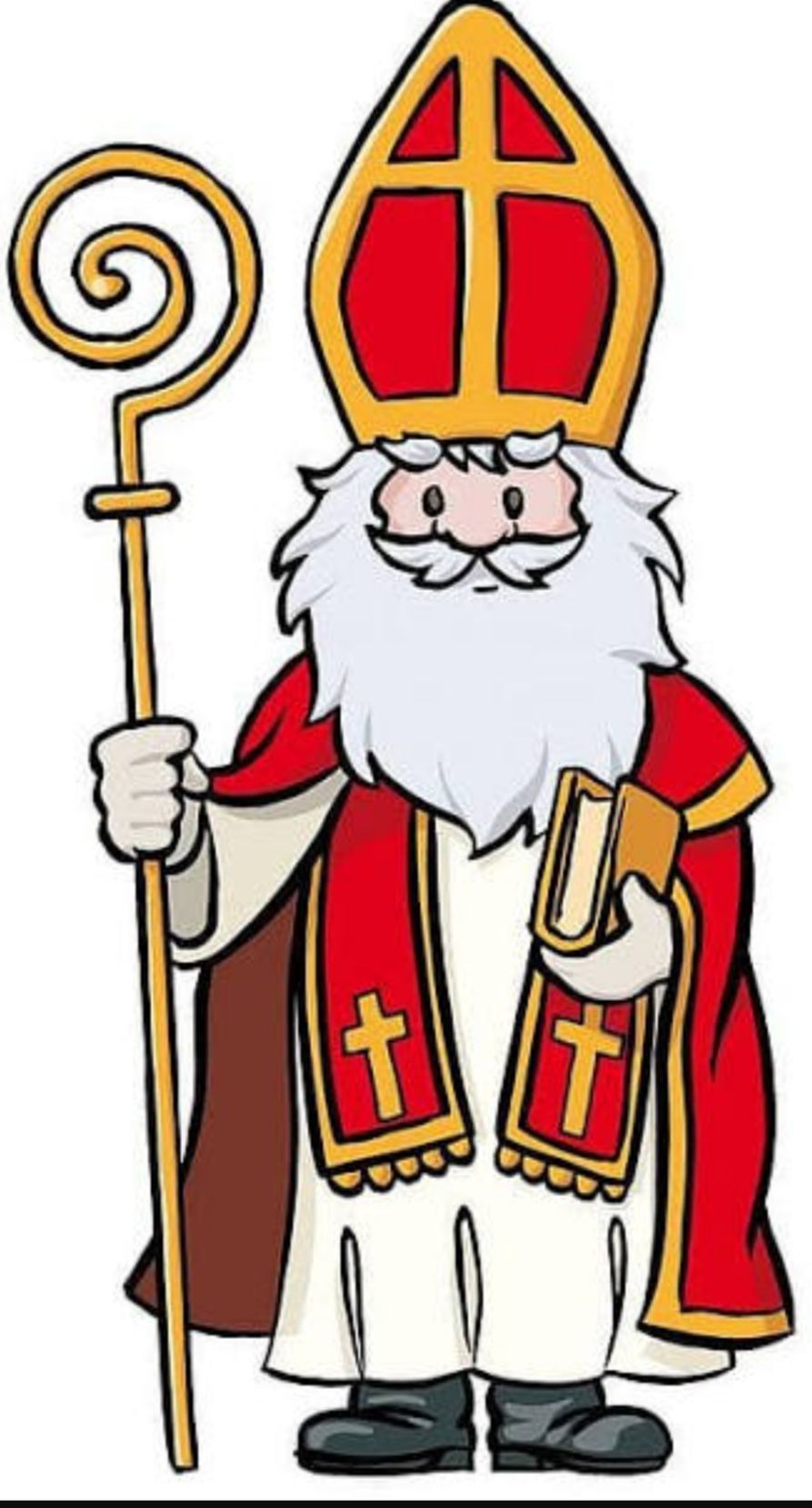 Eine Karikatur von Sankt Nikolaus mit weißem Bart, rotem und weißem Gewand, goldenem Stab und einem Buch in der Hand.