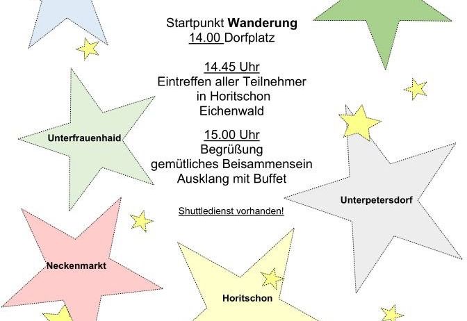 Ein Event-Poster mit Sternenlayout zeigt Details für eine Sonntagsveranstaltung am 27. April 2025. Es beinhaltet eine Wandertour, die um 14 Uhr beginnt, wobei sich alle Teilnehmer am Dorfplatz treffen. Die Veranstaltung bietet ein familienfreundliches Beisammensein mit Buffet um 15 Uhr in Horischon Eicherwald, Shuttleservice verfügbar und eine familienfreundliche Strecke. Die Veranstaltung ermutigt die Teilnehmer, für ein gesundes Erlebnis teilzunehmen.