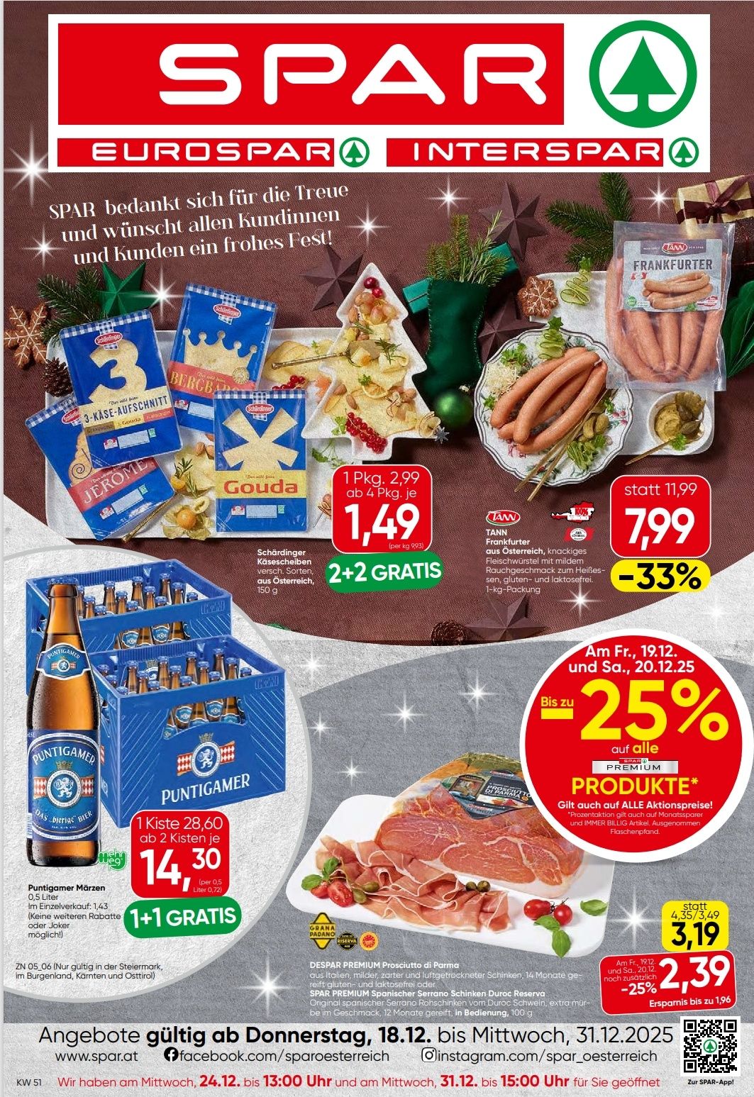 Ein Flyer zeigt Feiertagsangebote für verschiedene Produkte. Ein Preisschild zeigt 1,49. Ein anderes Schild zeigt einen Rabatt von 33%. Rechts sind Würste und andere Lebensmittel. Unten links steht eine Bierflasche mit einem Preis von 14,30. Der Flyer ist mit Weihnachtsmotiven verziert.