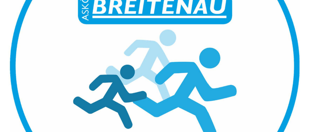 Rundes Logo für den Breitenau-Lauf am 21. Juni 2026 mit drei blauen Läufern und der Aufschrift '9. Ortslauf'.