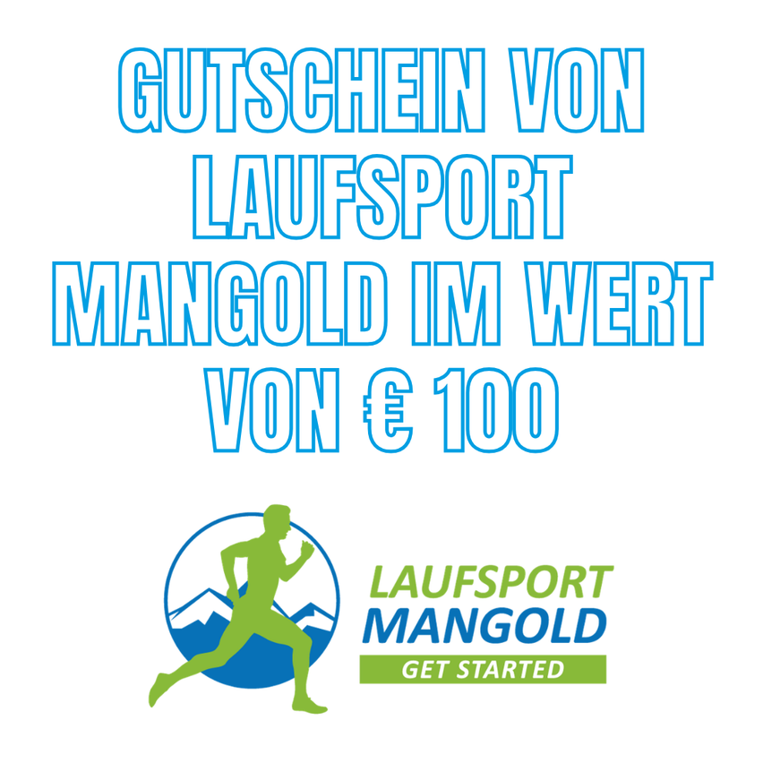 Werbeposter für Laufsport Mangold. Ein Gutschein im Wert von 100 Euro ist verfügbar. Das Poster zeigt eine Läufersilhouette mit Bergen im Hintergrund. Der Text ist in Blau und Weiß auf weißem Hintergrund.