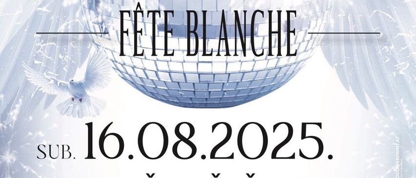 Plakat für 'Festa u Bijelom', eine weiße Themenparty. Es zeigt eine Discokugel, das Datum 16. August 2025 und den Veranstaltungsort Kastel Sucevo.