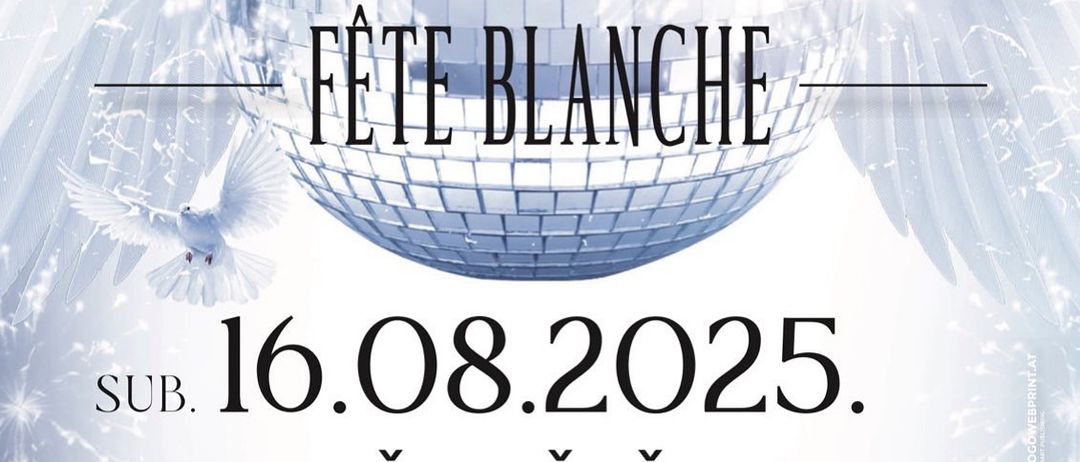 Plakat für 'Festa u Bijelom', eine weiße Themenparty. Es zeigt eine Discokugel, das Datum 16. August 2025 und den Veranstaltungsort Kastel Sucevo.