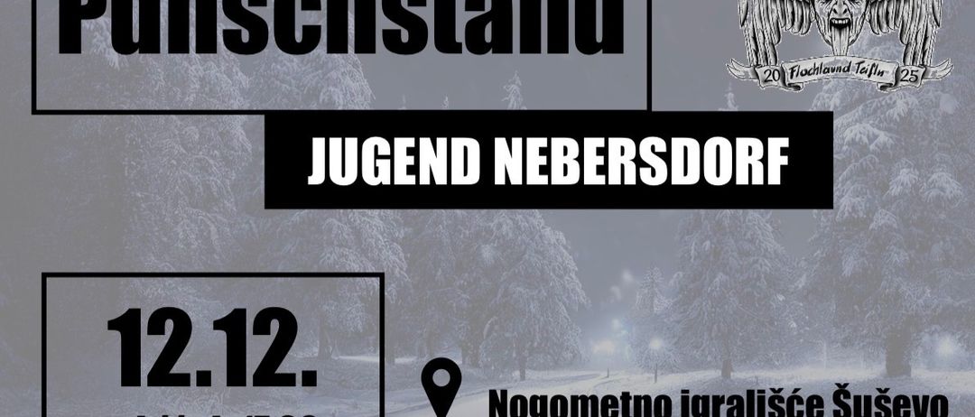 Schneeballschlacht am 2. Dezember um 17 Uhr auf dem Sportplatz Nebersdorf. Ein Adlerlogo befindet sich in der oberen rechten Ecke.
