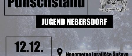 Schneeballschlacht am 2. Dezember um 17 Uhr auf dem Sportplatz Nebersdorf. Ein Adlerlogo befindet sich in der oberen rechten Ecke.