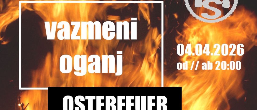 Eine Anzeige für ein Osterfeuer-Event mit dem Datum 4. April 2024. Es zeigt ein Flammenbild und einen Sportplatz als Veranstaltungsort.