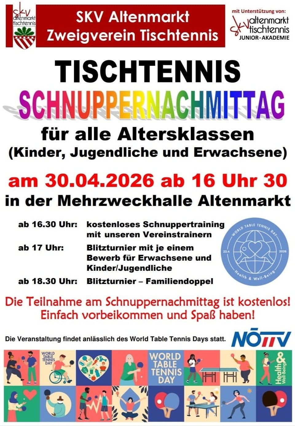 Tischtennis 'Schnuppernacht' für alle Altersklassen am 30.04.2026 ab 16:30 Uhr in der Mehrzweckhalle Altenmarkt. Kostenloses Training ab 16:30 Uhr, gefolgt von Blitzturnieren für Erwachsene und Jugendliche ab 17 Uhr und Familiendoppel ab 18:30 Uhr. Kostenlose Teilnahme!
