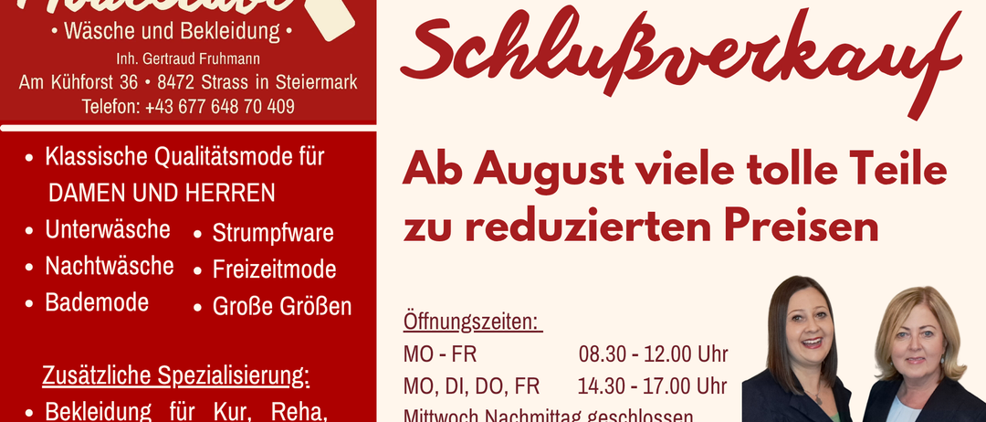 Werbung für ein Bekleidungsgeschäft namens Sommer-Schlupfverk. Es bietet reduzierte Preise für Sommerkleidung ab August an. Öffnungszeiten werden angegeben.