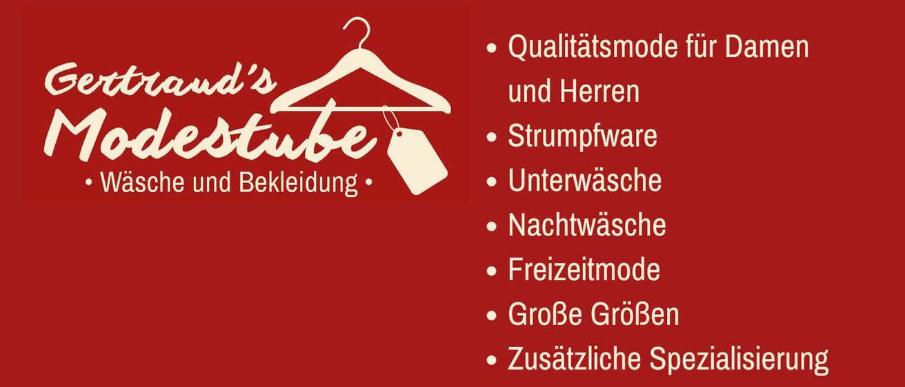 Ein roter Hintergrund mit einem Kleiderbügel und einem Preisschild. Der Text lautet 'Qualitätsmode für Damen und Herren', 'Strümpfe', 'Unterwäsche', 'Nachtwäsche', 'Freizeitmode', 'Große Größen', 'Zusätzliche Spezialitäten auf Bekleidung für Senioren und Behinderte'.